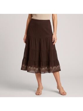 RW & Co. Women's Dark Brown Tiered Skirt with Gold Embroidered Hem in size 12